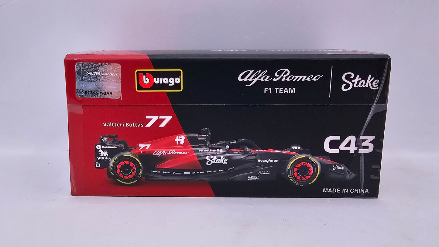 Alfa Romeo Formula 1 C43 #77 Valtteri Bottas - 2023 - F1 Burago Escala 1/43 C/Acrílico y Piloto