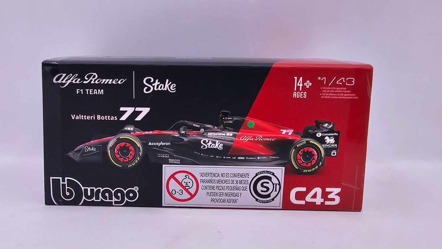 Alfa Romeo Formula 1 C43 #77 Valtteri Bottas - 2023 - F1 Burago Escala 1/43 C/Acrílico y Piloto